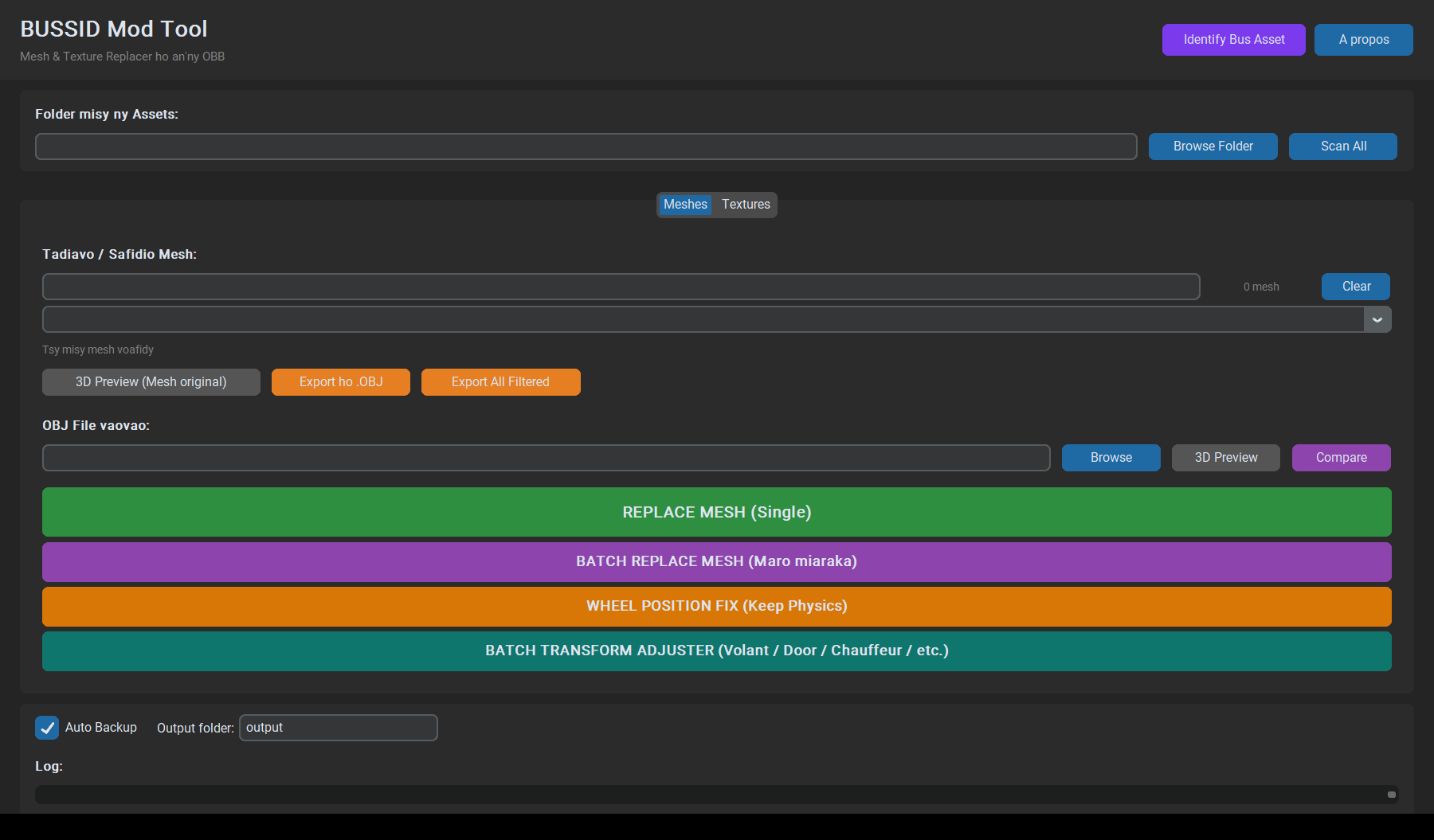 Interface réelle vide de BUSSID Mod Tool v6.0, avec scan, onglets Meshes et Textures, preview, batch et backup