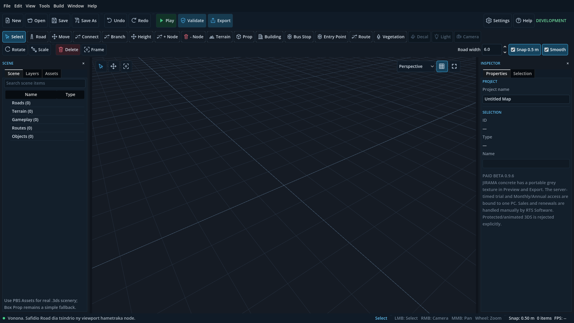Interface de PBS Map Studio avec ses outils de création de routes, terrain, trafic et assets